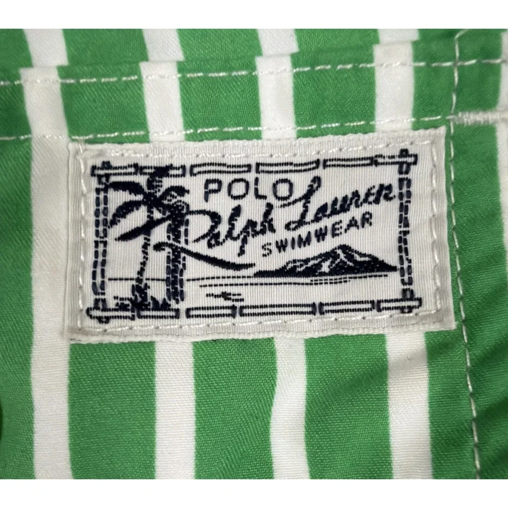Polo Ralph Lauren Green White Striped Swim Trunks Shorts Men's Size L Swimwear